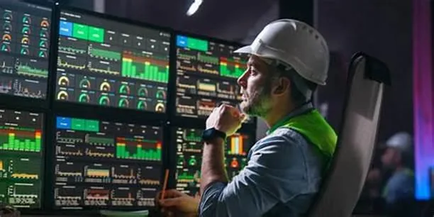 Engineer in a hard hat monitoring SCADA trend screens in a plant control room