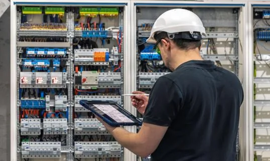 Engineer using a tablet to inspect an installed control panel during commissioning