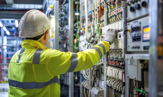 Field engineer in high-visibility jacket checking wiring inside an electrical control panel